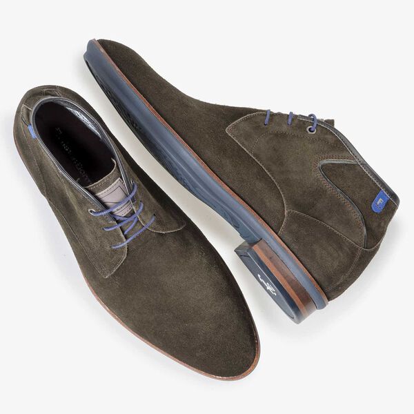 Olive green calf suede leather lace boot