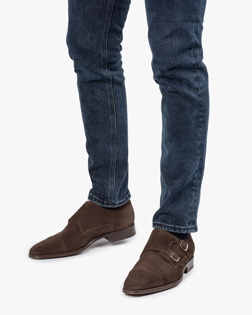 Dark brown calf suede leather monk strap