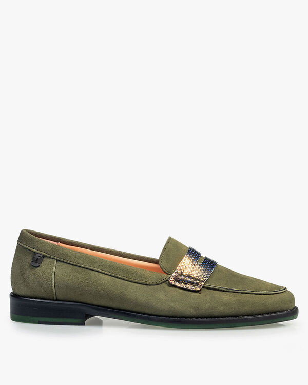 Olive green suede leather loafer