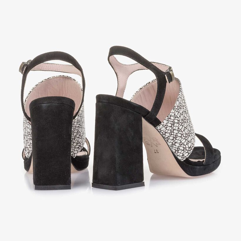 Black and white printed high-heeled suede leather sandal