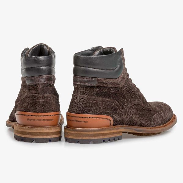 Dark brown suede lace boot with print
