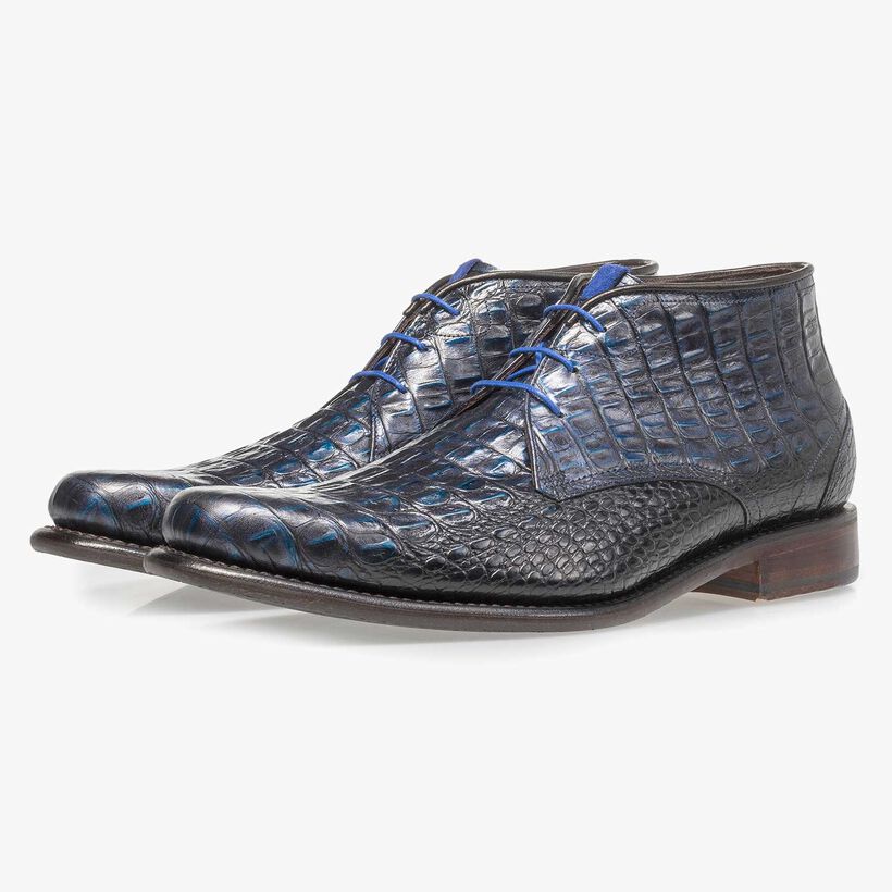Blue leather lace boot with croco print