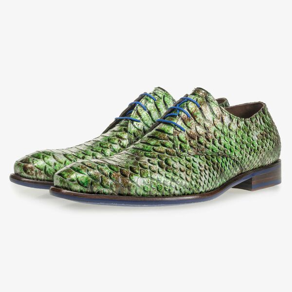Green patent leather snake print lace shoe