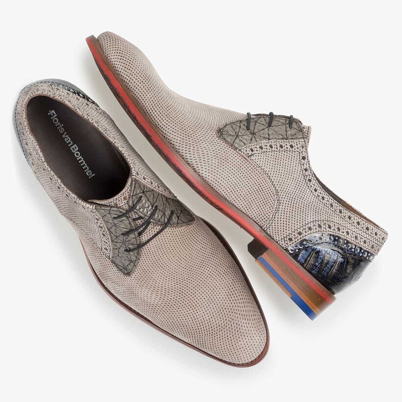 Taupe-coloured printed suede leather lace shoe