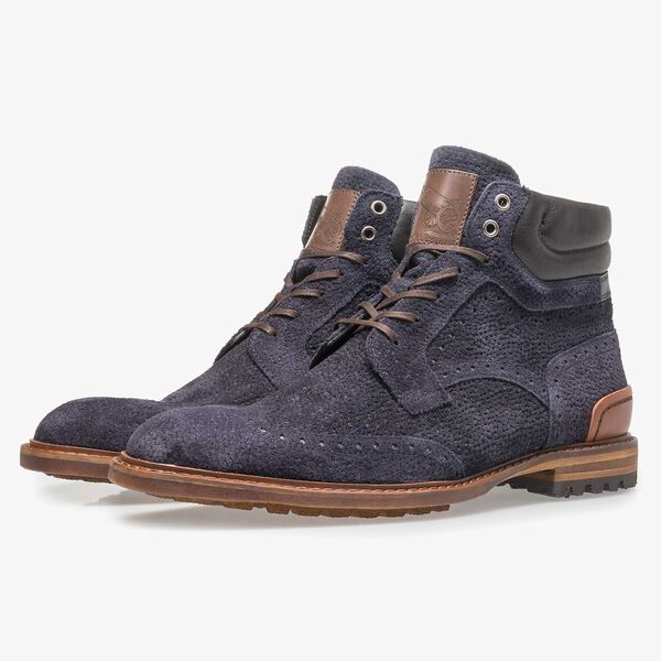 Dark blue suede lace boot with print