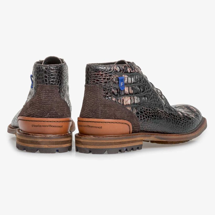 Dark brown leather lace boot with croco print