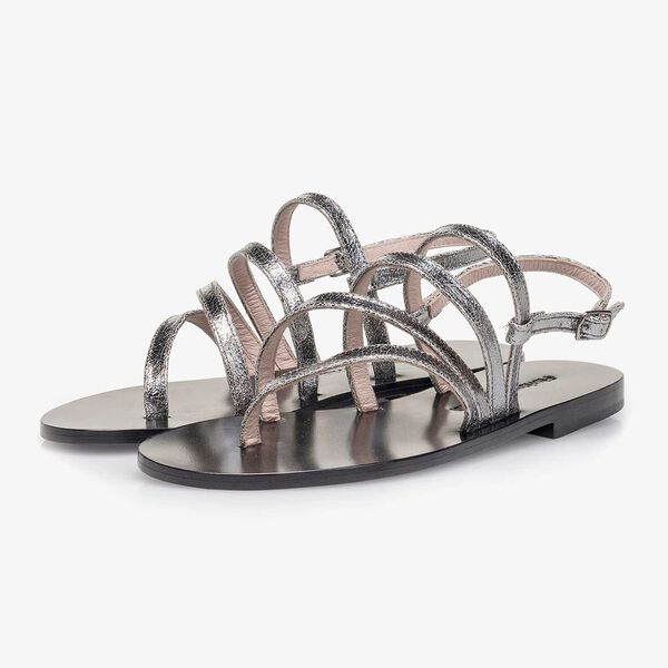 Silver metallic leather sandal with craquel&eacute; effect