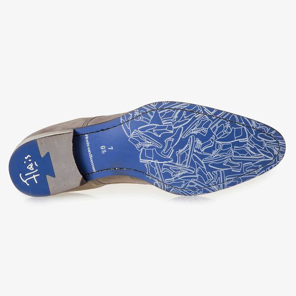 Taupe-coloured calf suede leather lace shoe with a laser-cut pattern