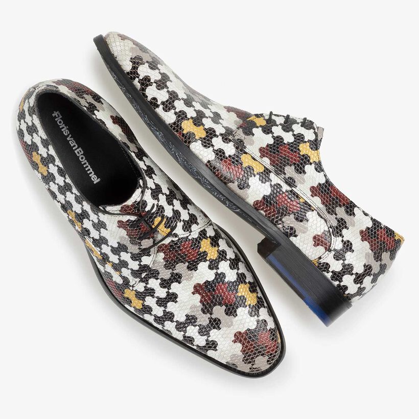 White calf leather lace shoe with multi-coloured print