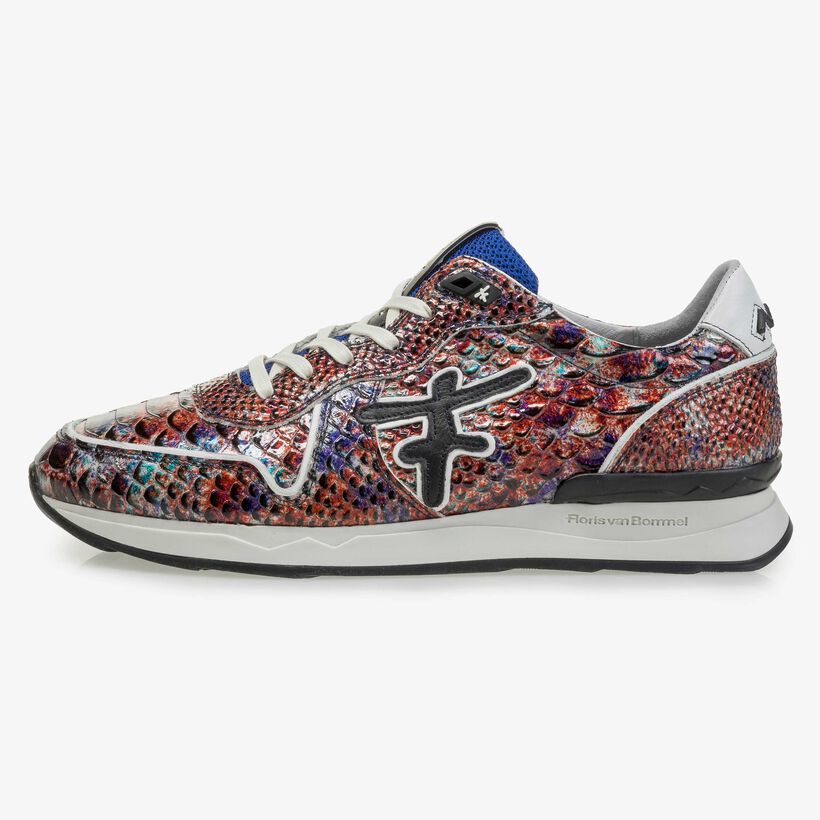 Red patent leather snake print sneaker