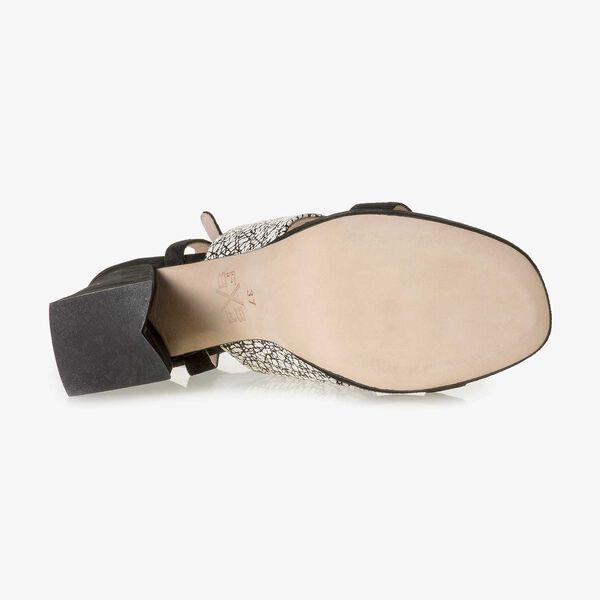Black and white printed high-heeled suede leather sandal