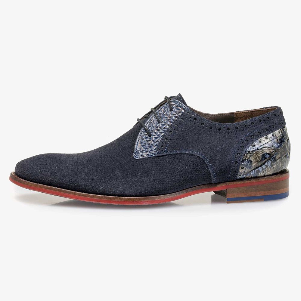 Blue printed suede leather lace shoe