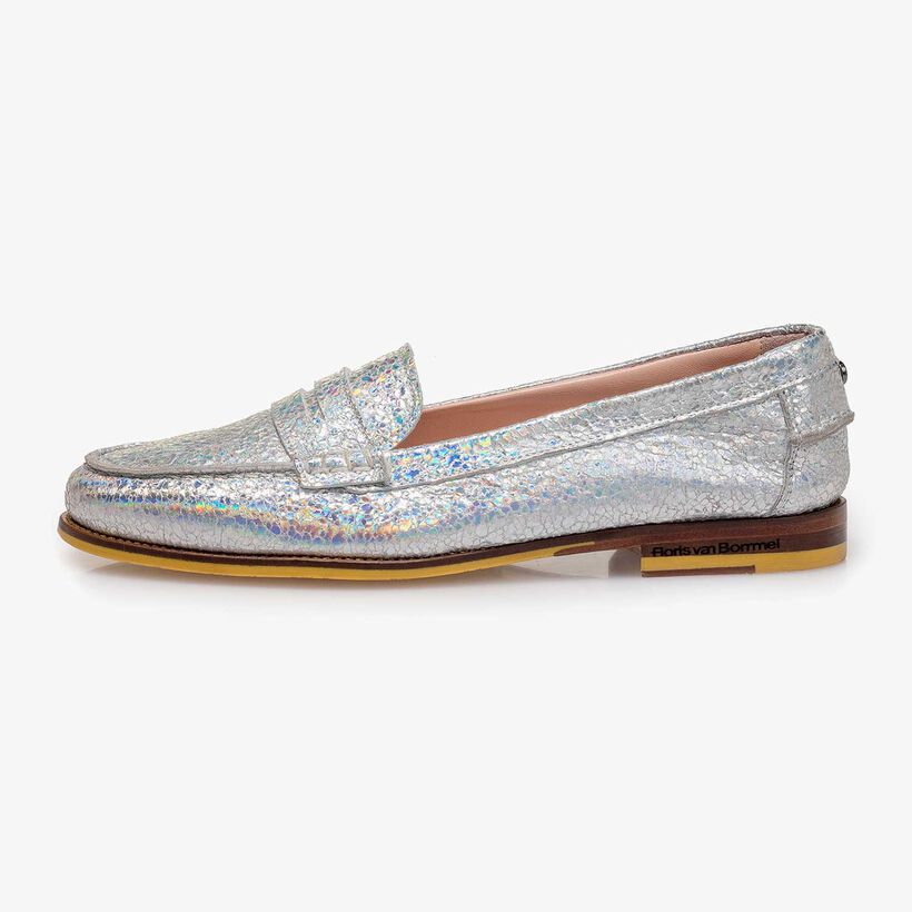Silver metallic leather loafer with craquel&eacute; effect