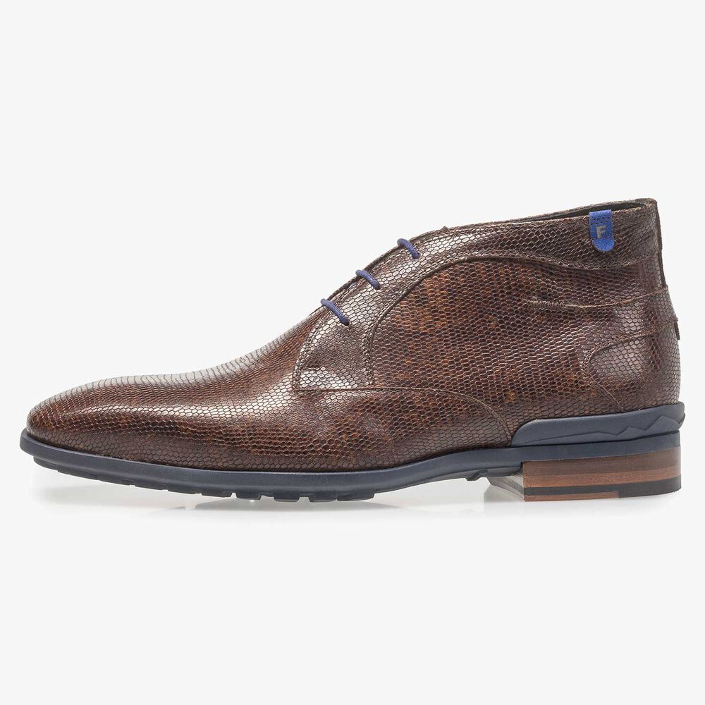 Dark brown leather lace boot with lizard print