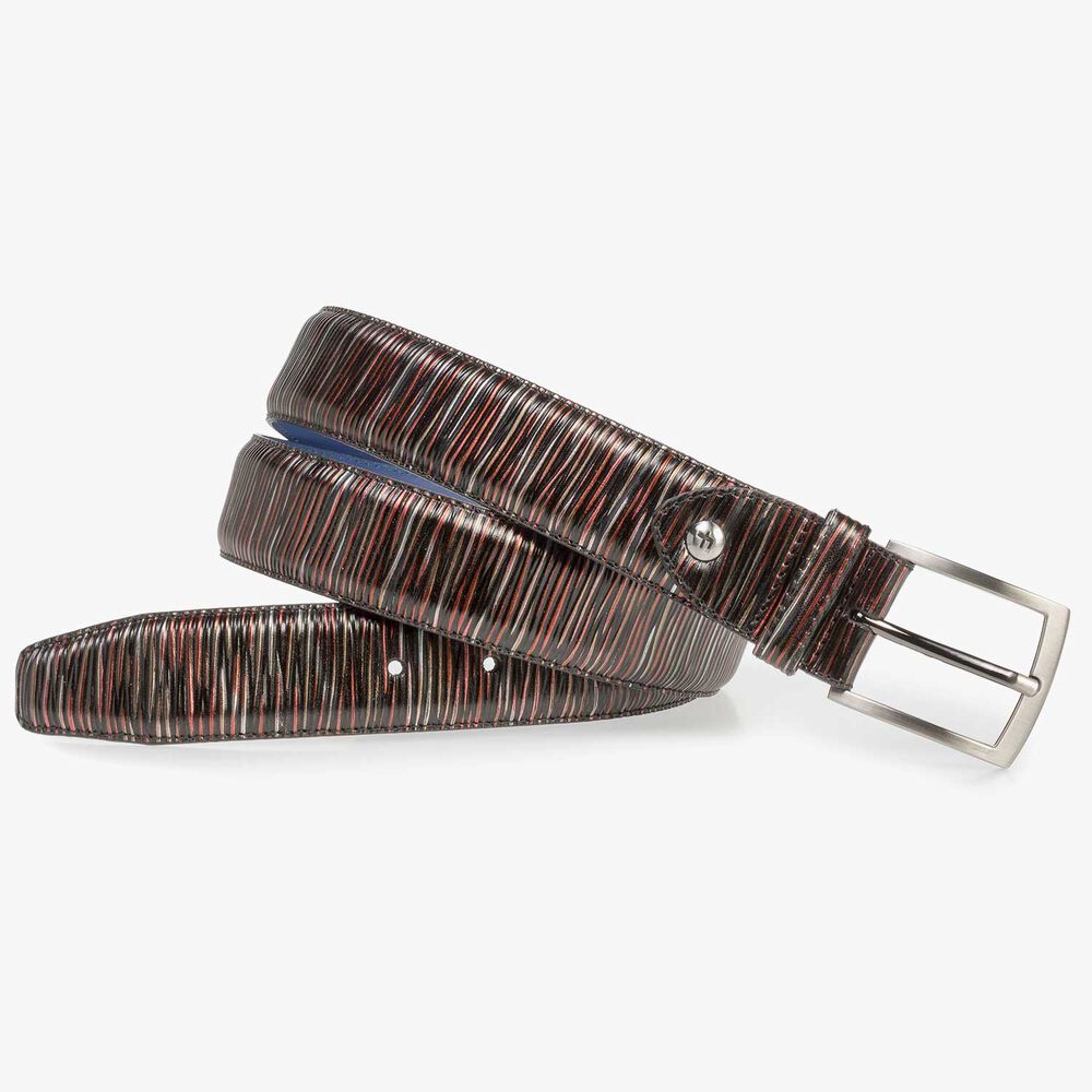 Dark red leather belt with metallic print