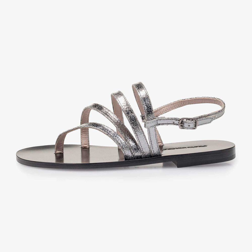 Silver metallic leather sandal with craquel&eacute; effect