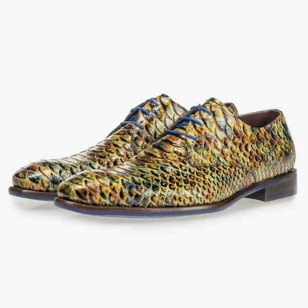 Yellow and brown patent leather snake print lace shoe
