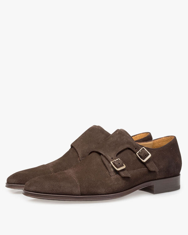 Dark brown calf suede leather monk strap