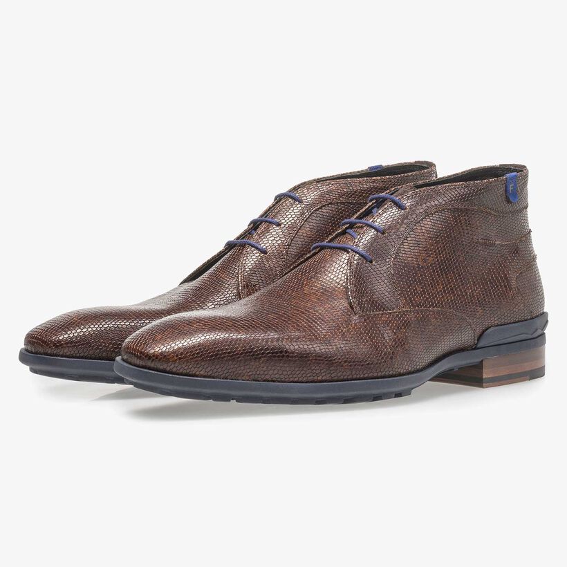 Dark brown leather lace boot with lizard print