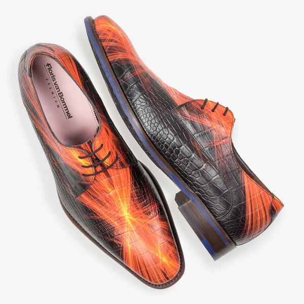 Premium red calf leather lace shoe with lightning bolt print