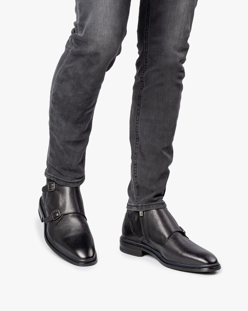 Black calf leather monk strap with print