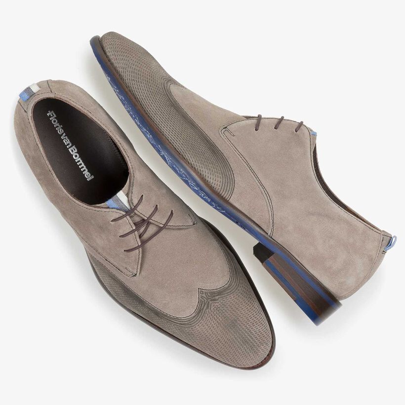 Taupe-coloured calf suede leather lace shoe with a laser-cut pattern