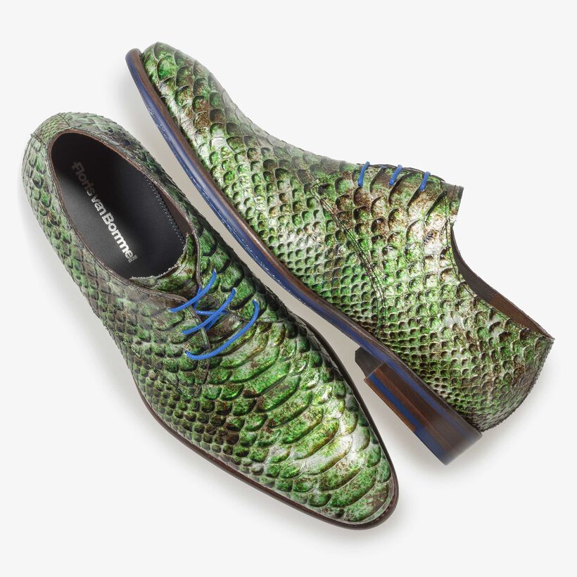 Green patent leather snake print lace shoe