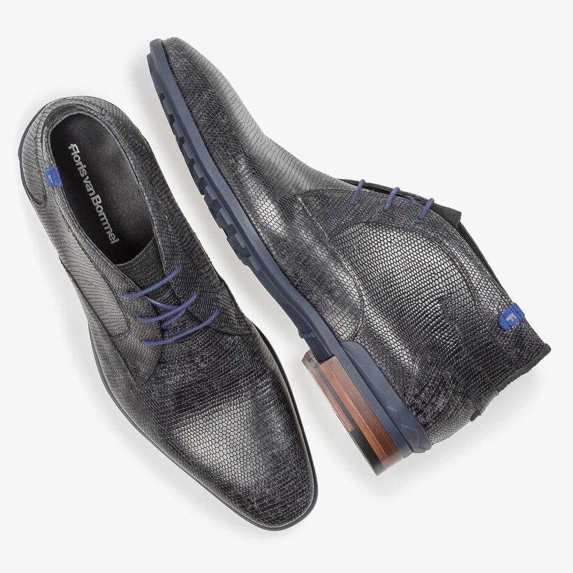 Black leather lace boot with lizard print
