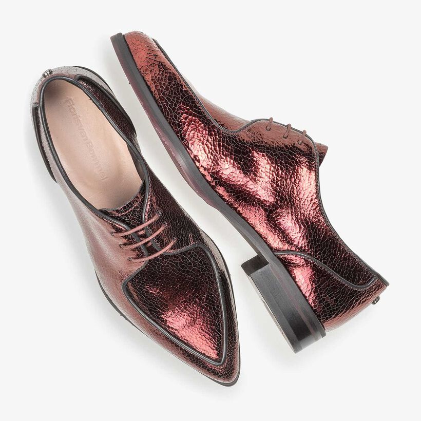 Red leather lace shoe with metallic print