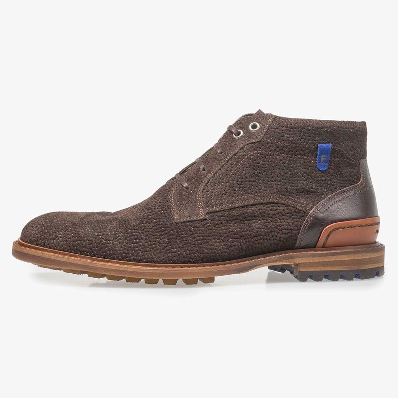 Dark brown printed suede leather lace boot