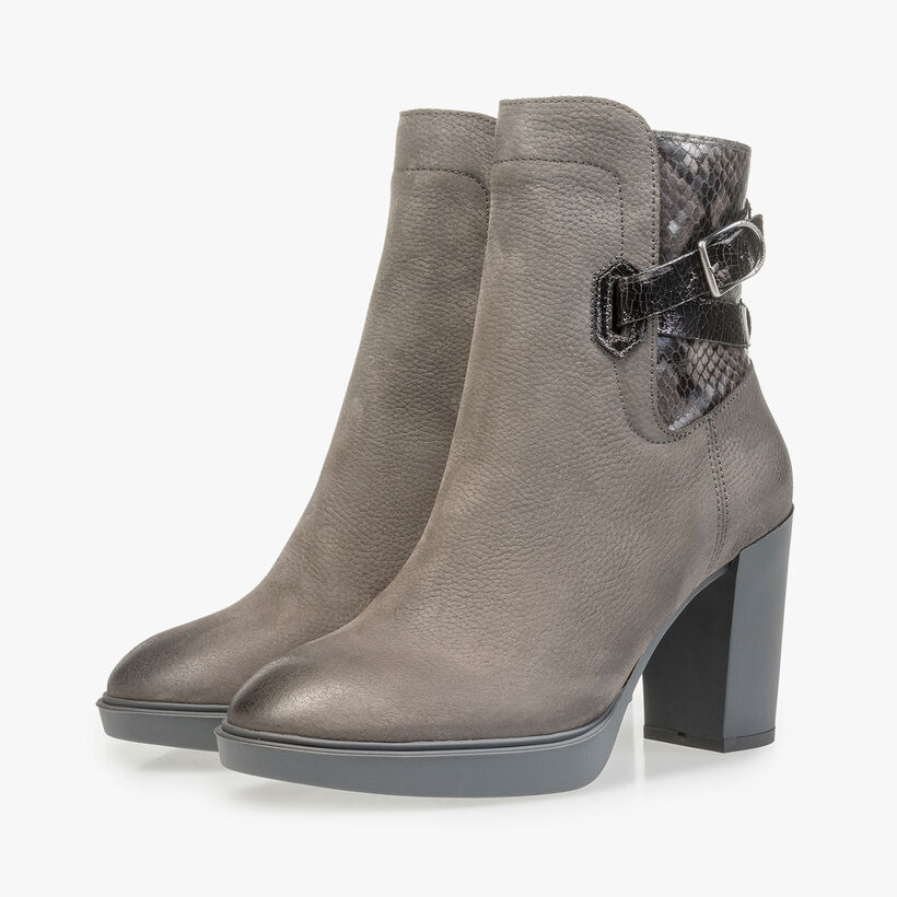 Grey nubuck leather ankle boots with snake print