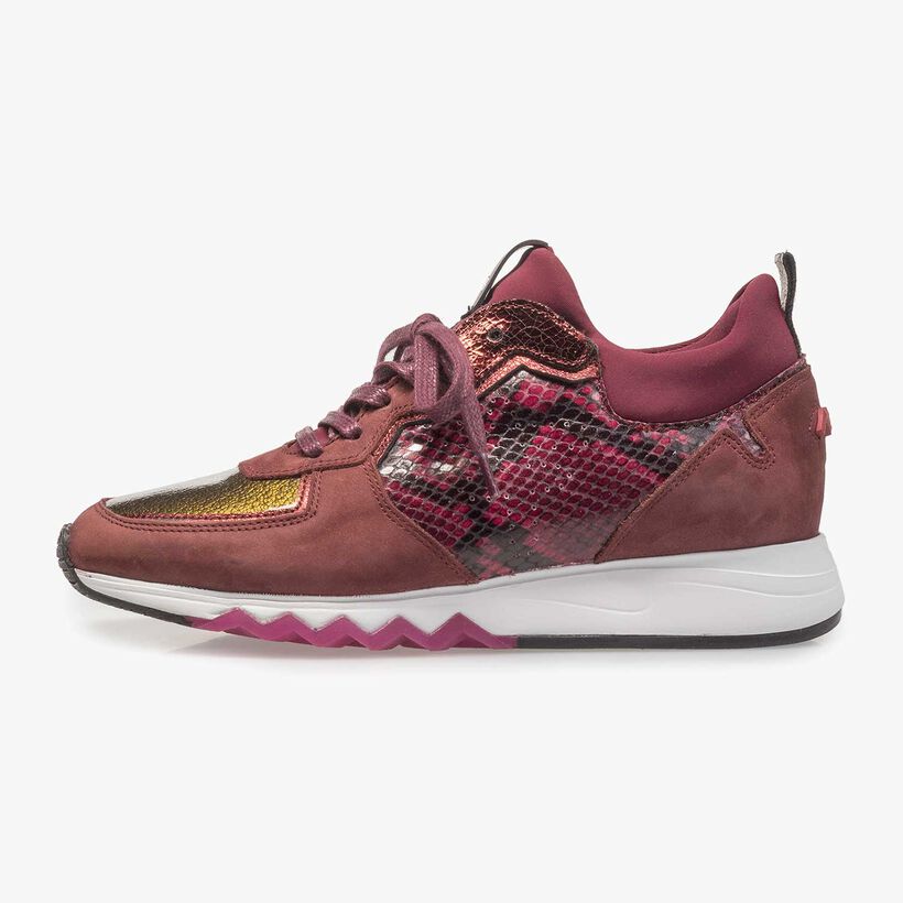 Red suede leather sneaker with snake print