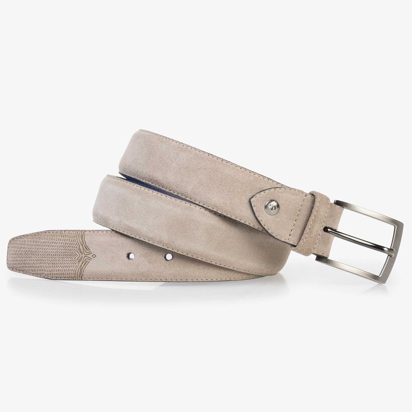 Taupe-coloured calf suede leather lace shoe with a laser-cut pattern