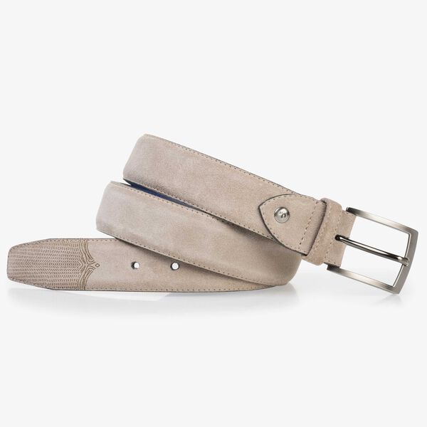 Taupe-coloured calf suede leather lace shoe with a laser-cut pattern