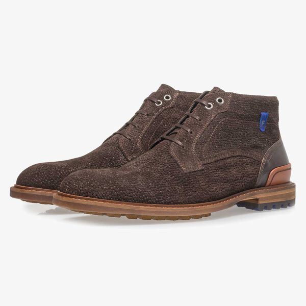 Dark brown printed suede leather lace boot