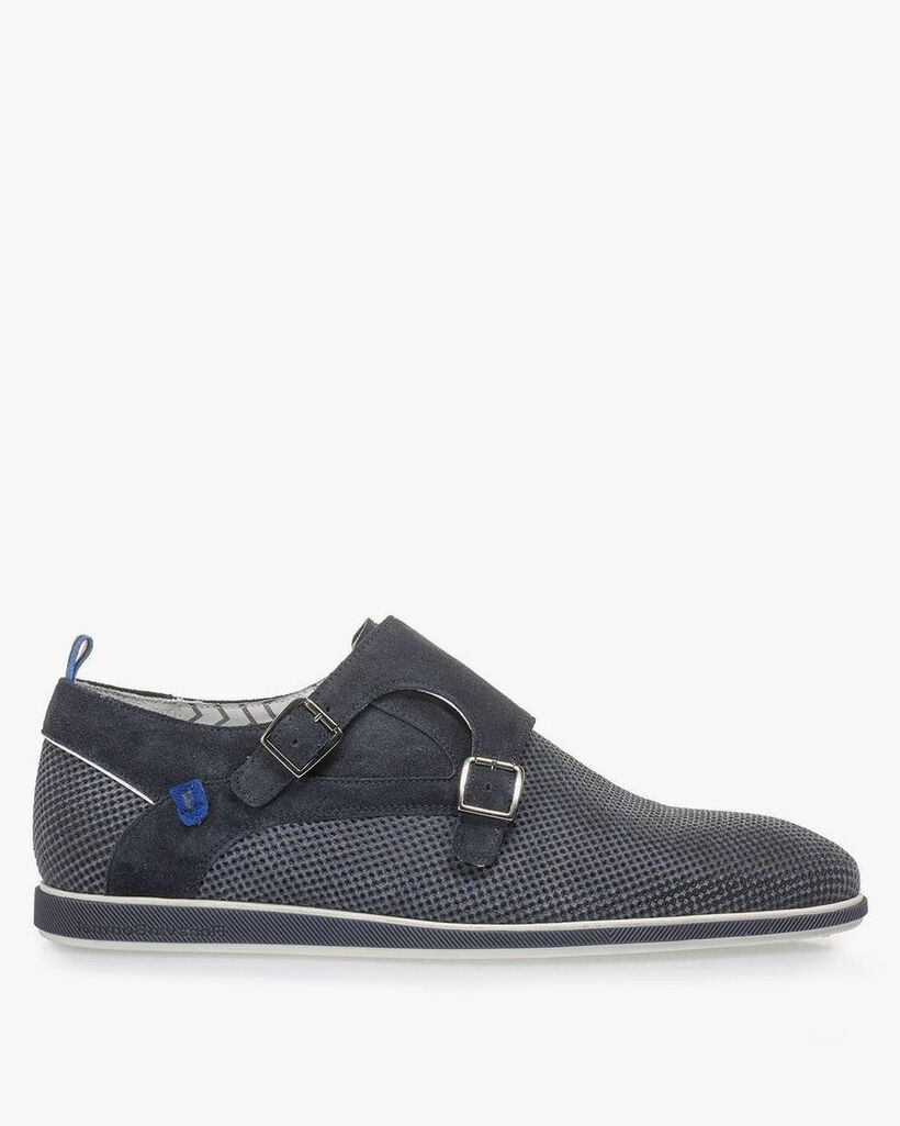 Dark blue suede leather monk strap with print
