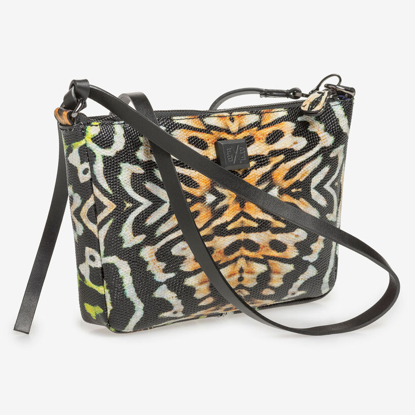 Black leather bag with orange-coloured print