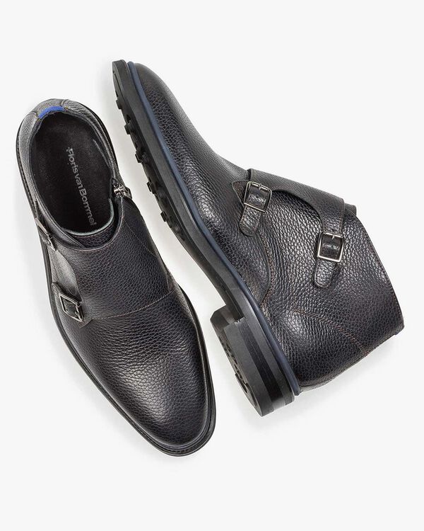 Black calf leather monk strap with print