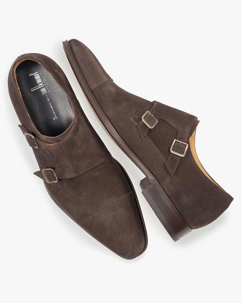 Dark brown calf suede leather monk strap