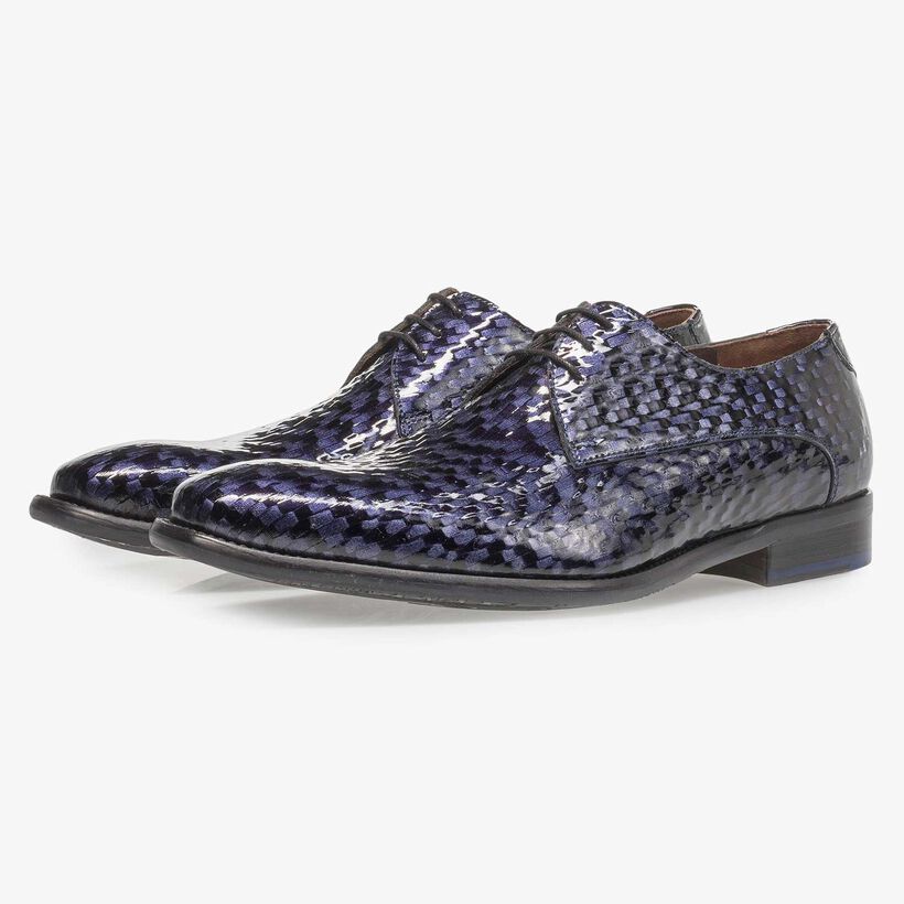 Premium blue printed patent leather lace shoe