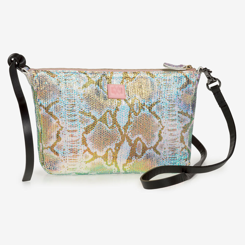 Leather bag with green/gold metallic print