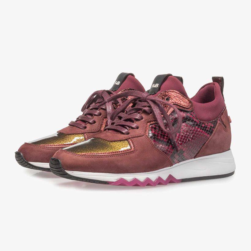 Red suede leather sneaker with snake print