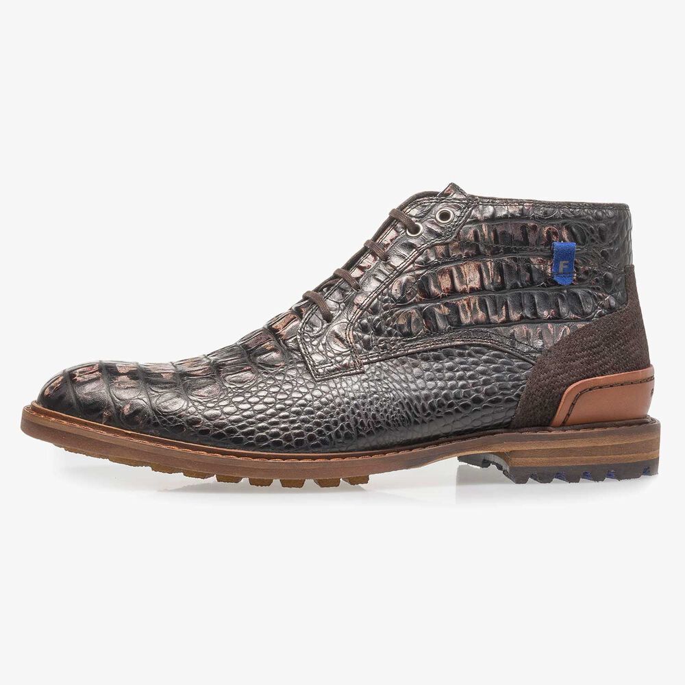 Dark brown leather lace boot with croco print