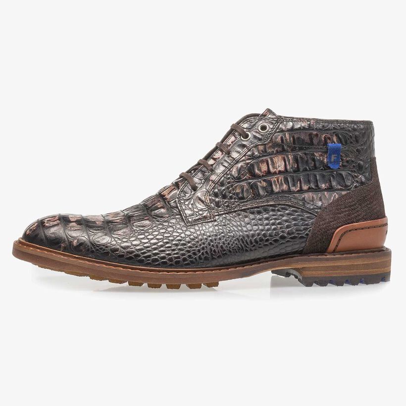 Dark brown leather lace boot with croco print