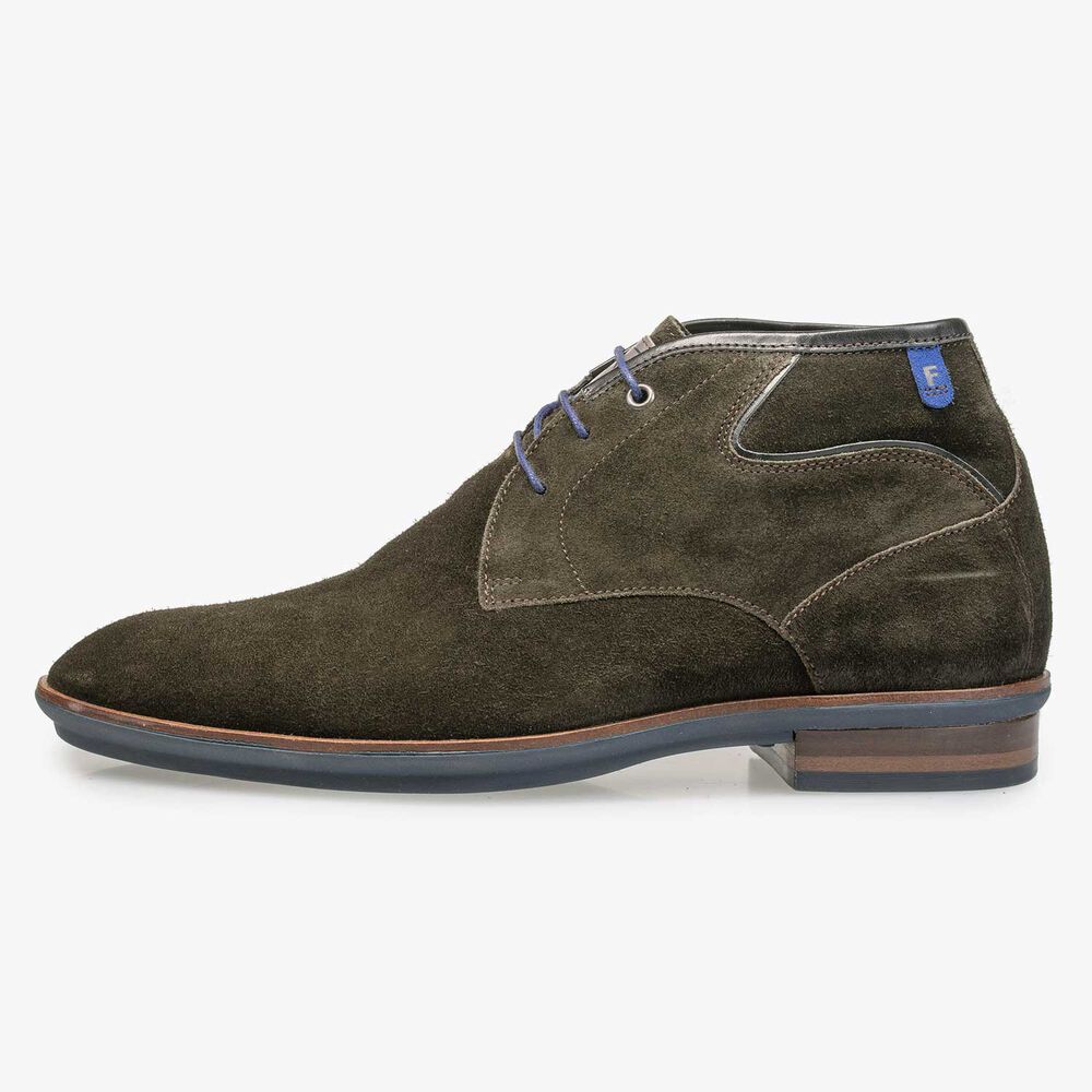 Olive green calf suede leather lace boot