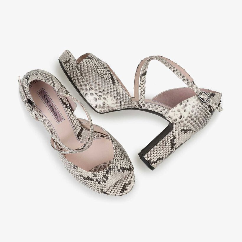 White snake print high-heeled leather sandal