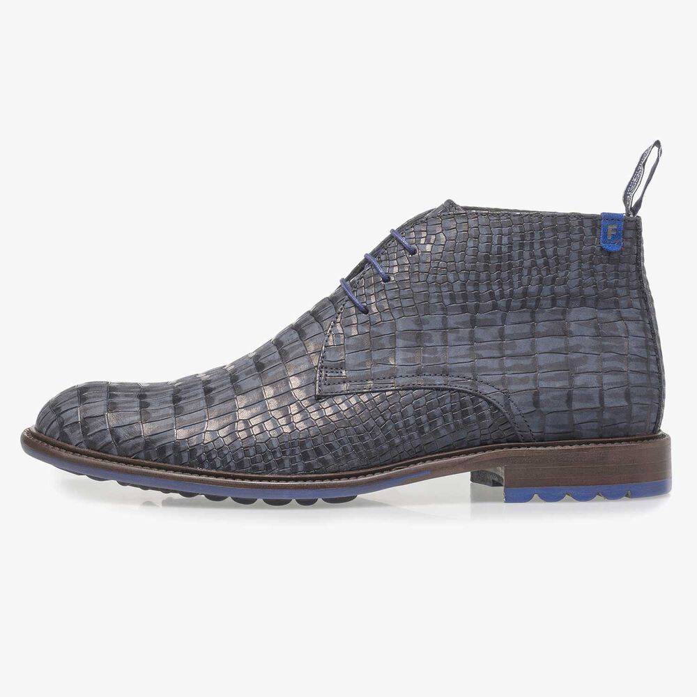 Dark blue nubuck leather lace shoe with croco print