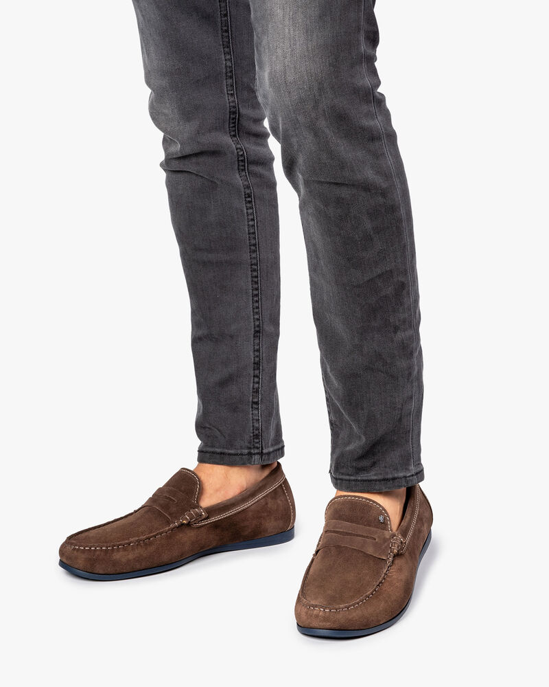 Taupe-coloured suede leather loafer