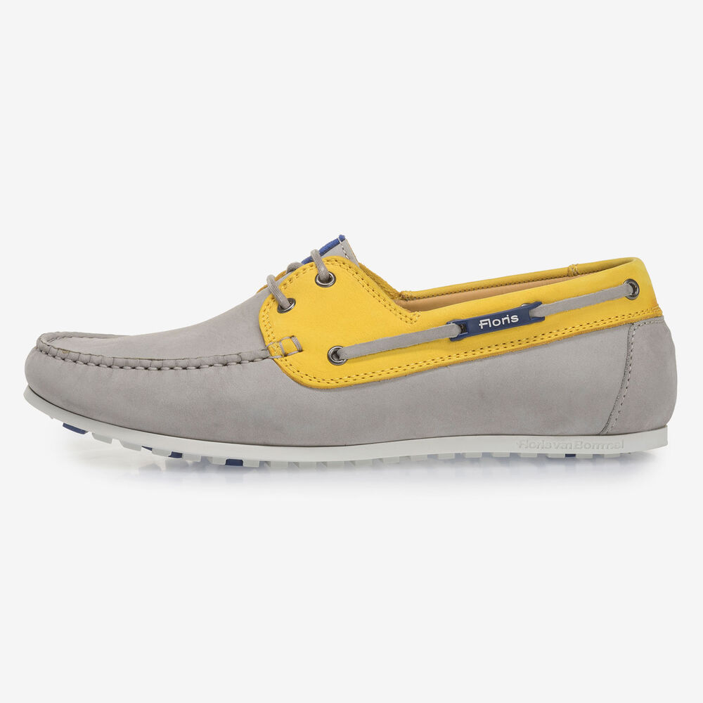 Grey and yellow nubuck leather boat shoe