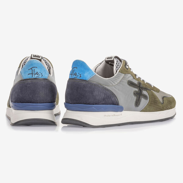 Olive green suede leather sneaker with print